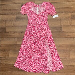 Reformation Size 8 Lacey Dress In Amore Pink & White Hearts Midi W/ Slit Darling